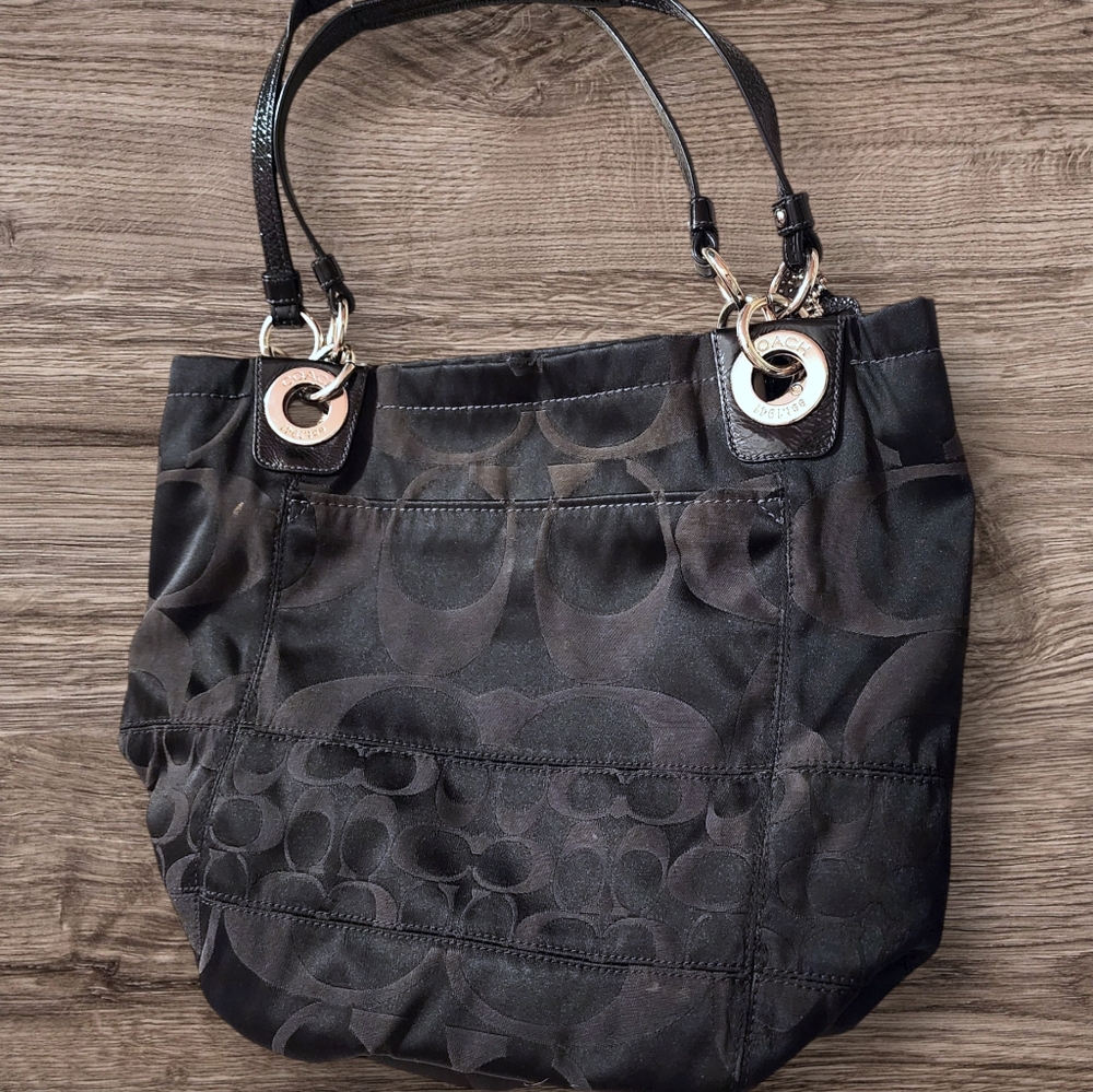 COACH #1449 Black Alex Sateen Patten Leather Monogram Shoulder Bucket Tote - Picture 3 of 11